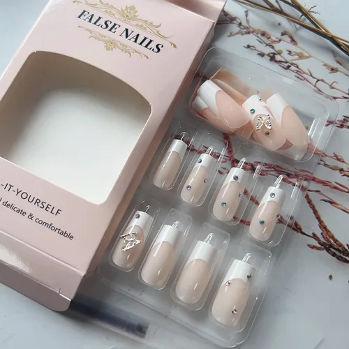 Miniatura 3 de Uñas postizas a presión con punta francesa blanca, uñas postizas largas cuadradas 3D con diamantes de imitación, uñas acrílicas nude, cobertura