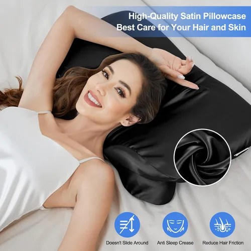 Miniatura 2 de Paquete de 2 fundas de almohada de satén para almohada cervical Zelimun de contorno, funda de almohada suave con cremallera (negro)