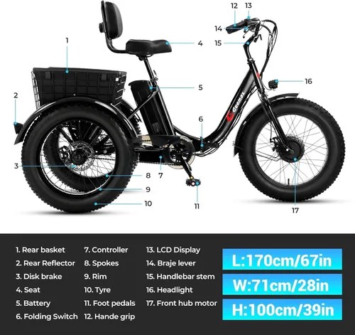 Miniatura 7 de Geemax - Triciclo eléctrico para adultos, 20 pulgadas x 4.0 con neumáticos de grasa, pico de 500 W, 15 MPH, 36 V, 13 Ah, batería de litio
