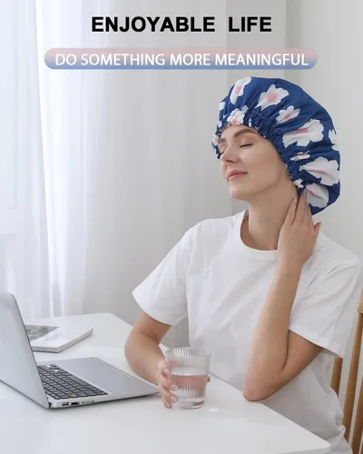 Miniatura 7 de YIZIJIZI - Gorro de ducha, gorras de baño para mujer reutilizables impermeables, gorras de ducha de dos capas grandes reutilizables adecuadas