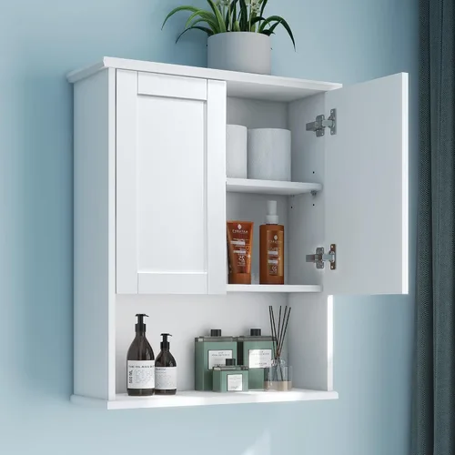 Armario de baño con bisagra amortiguadora, gabinete de almacenamiento sobre inodoro de 23 x 29 pulgadas con estantes ajustables, botiquín de madera