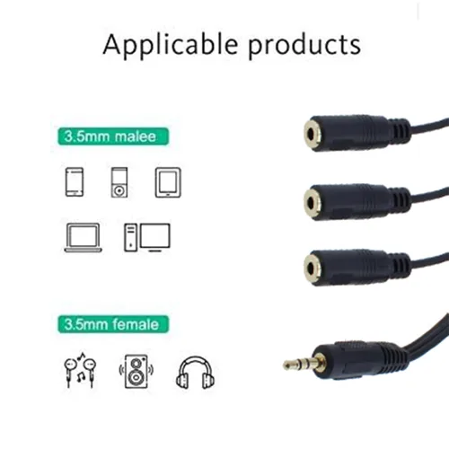 Miniatura 5 de 2 divisor de audio 1M/3F, chapado en oro de 1 pie TRRS macho de 0.138 in a conector estéreo hembra de 0.118 x 0.138 in 1 entrada 3 salidas divisor