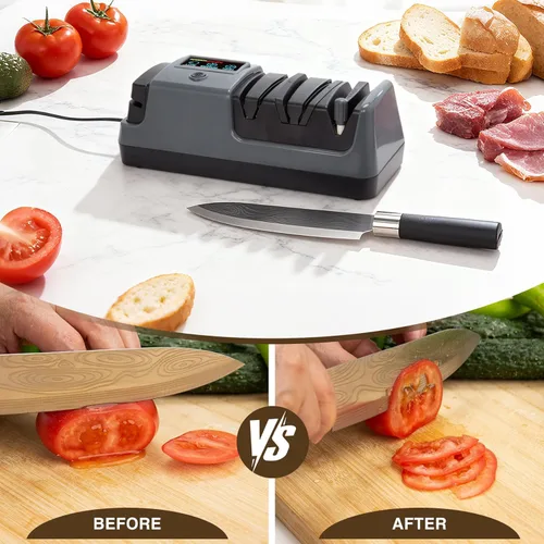 Miniatura 4 de Afilador de cuchillos eléctrico profesional de 3 etapas para cuchillos de cocina, pantalla LCD, 100% abrasivo de diamante, velocidad de rotación Gris