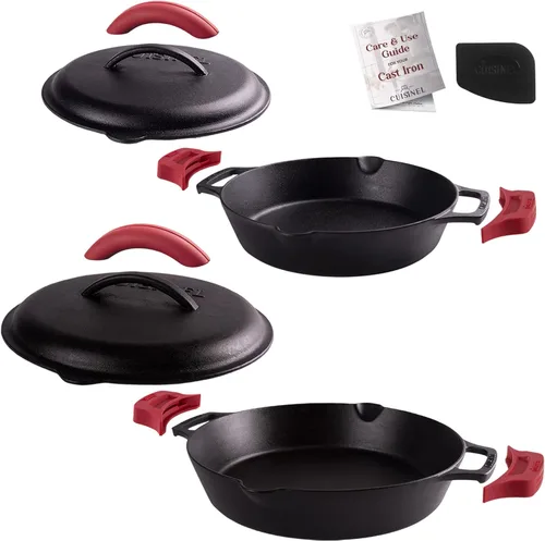 Miniatura 8 de Juego de sartén de hierro fundido de Cuisinel + tapa de hierro fundido - Sartenes de 10+12 pulgadas con mango doble + raspador de sartén + cubiertas