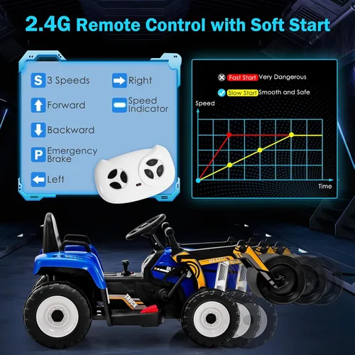 Miniatura 3 de HONEY JOY Coche de paseo eléctrico de 12 V con control remoto, tractor de batería para niños pequeños con rodillo de tambor ajustable, bocina y Azul