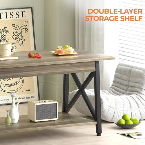 Miniatura 5 de Mesa de café GreenForest con almacenamiento, mesas de centro modernas de 2 niveles de 39 pulgadas para sala de estar, mesa de centro de diseño Gris