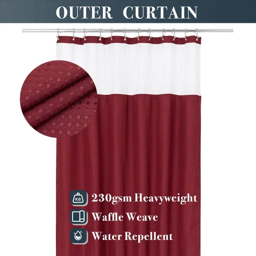 Miniatura 2 de N&Y HOME - Juego de cortina de ducha de punto gofre, forro de tela a presión y 12 ganchos de metal, estilo hotel, impermeable, lavable y ventana