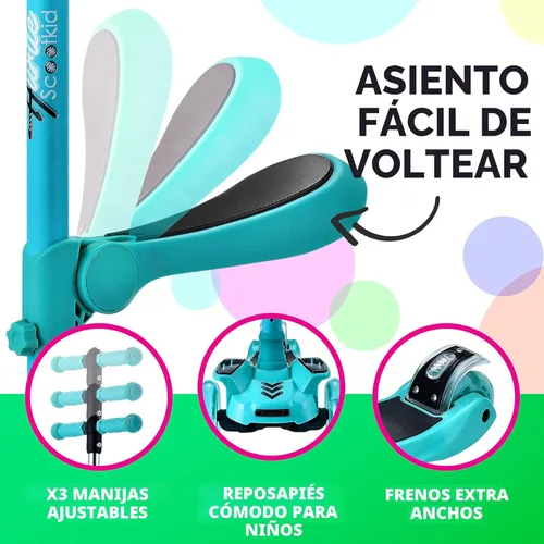 Miniatura 5 de Hurtle Patinete de 3 ruedas para niños, luces LED de ruedas, manubrio ajustable de inclinación para dirigir y asiento plegable, paseo sentado