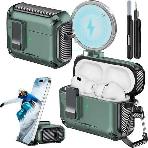 Miniatura 20 de Funda para AirPods Pro 2 (2023/2022/2019) con soporte para teléfono, (con interruptor a presión automático), diseño de fibra de carbono, cubierta