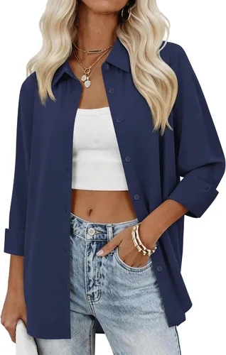 Miniatura 19 de siliteelon Camisas con botones para mujer, camisas de vestir sólidas, de manga larga, cuello fluido, para trabajo, oficina, negocios, blusas de gasa