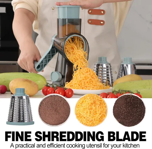 Miniatura 2 de Rallador de queso con 3 cuchillas intercambiables, rallador giratorio de queso, rebanador manual de verduras con base de succión antideslizante