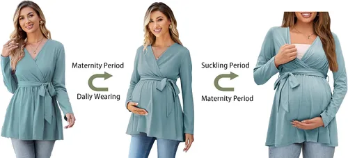 Miniatura 2 de OUGES Túnicas de maternidad para mujer, camisas de manga larga, cuello en V, ropa de maternidad de enfermería, blusa casual de embarazo