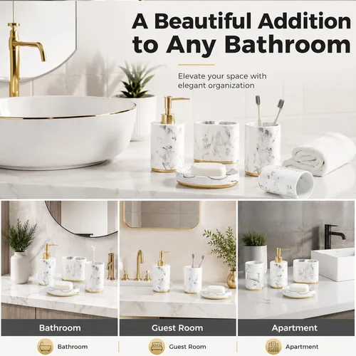 Miniatura 7 de Juego de accesorios de baño de 5 piezas, juego de baño de resina de mármol con dispensador de jabón, soporte para cepillos de dientes, jabonera