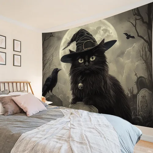 Miniatura 34 de EOBTAIN Scary Halloween Tapestry Gothic Black Crow Skull in Horror Graveyard Tapestry Wall Hanging Spooky Raven under Misty Full Moon Night Wall Art