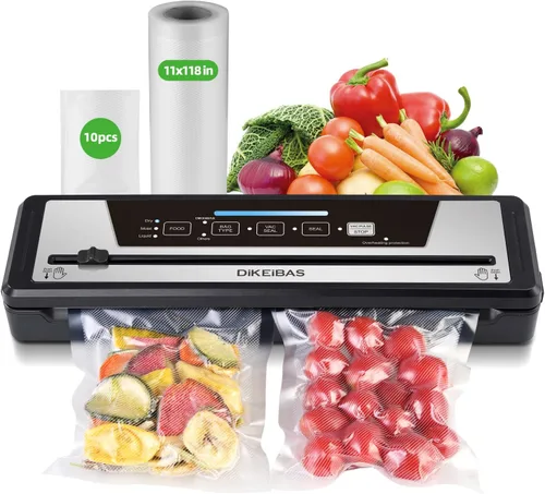 Máquina selladora al vacío DIKEIBAS con 10 bolsas y rollo de bolsa de 10 pies | Potente succión de 85kPa | Sellador automático de alimentos para
