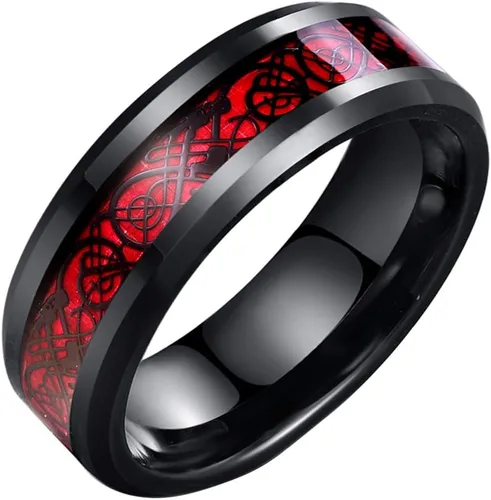 Miniatura 2 de Anillo de dragón celta negro de fibra de carbono rojo de 0.315 in para hombres biselado banda de boda de bordes