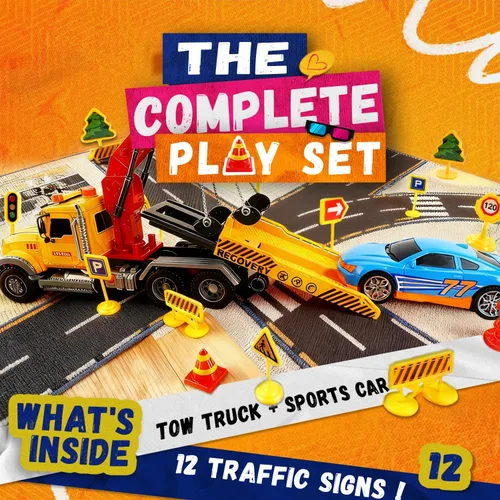 Miniatura 3 de SMILESSKIDDO Juguetes para niños pequeños de 3, 4, 5, 6 años, camión de remolque grande de fricción 1:12 con luz y sonido, coche deportivo y señales