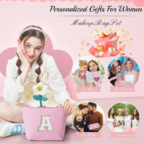 Miniatura 3 de YOOLIFE Regalos del Día de la Madre para mujeres, bolsa de maquillaje con inicial, bolsa de cosméticos, bolsa de maquillaje de viaje, regalos Rosado