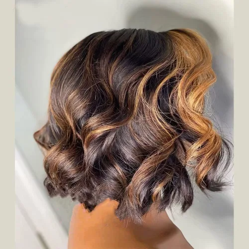 Miniatura 2 de Pelucas de cabello humano ondulado corto con reflejos #1B/27, pelucas de encaje HD, predepiladas, densidad del 150%, cuerpo corto, ondulado, 13x6