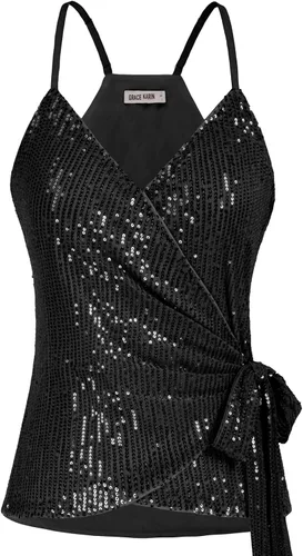 GRACE KARIN Camiseta de lentejuelas para mujer, camiseta sin mangas brillante con cuello en V, sexy, con lazo en la cintura, para fiesta, club,