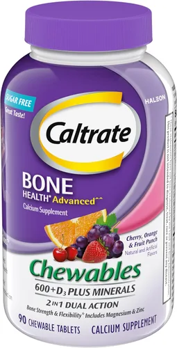 Caltrate Chewables 600 Plus D3 Plus Minerals Suplemento de vitamina D de calcio, cereza, naranja y fruta, 90 unidades