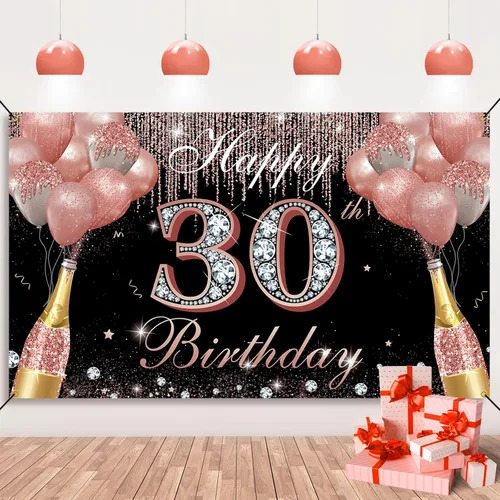 Decoraciones de feliz cumpleaños 30 para mujer, color oro rosa, pancarta de fondo de fiesta de cumpleaños de 30 años, cartel de treinta cumpleaños