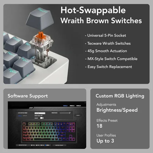 Miniatura 5 de TECWARE Phantom+ 87 Key RGB Mechanical Gaming Keyboard Wraith Brown, Red, Pink and Orange Switch Black, White and Gray