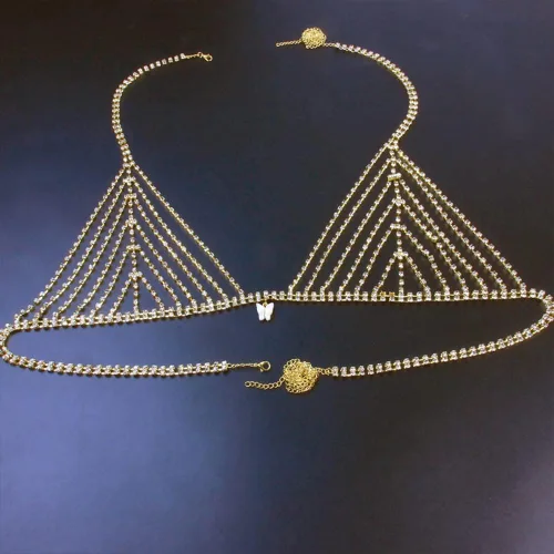 Miniatura 5 de Koleso - Conjunto de bikini con diamantes de imitación para mujer, con cadena de cintura para el vientre, cadena erótica, ropa