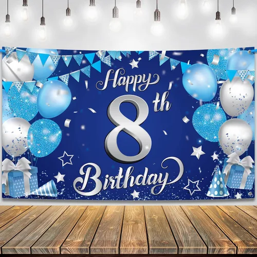 KatchOn, Cartel extragrande de feliz cumpleaños número 8 plateado y azul, 72 x 44 pulgadas, telón de fondo de octavo para decoraciones de feliz