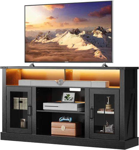 Miniatura 9 de WLIVE Soporte de TV estilo granja para TV de 65 pulgadas, centro de entretenimiento alto con luces LED y gabinetes de almacenamiento, mesa consola