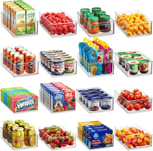 Munfix Juego de 16 contenedores organizadores de refrigerador, cestas de plástico para organización y almacenamiento de despensa, organizadores