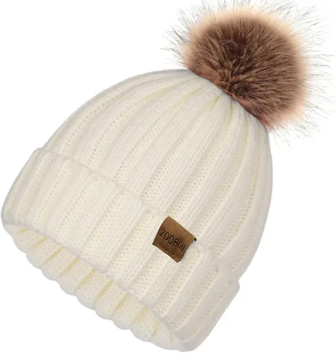 Miniatura 2 de ZOORON Gorro de punto de invierno para mujer con pompón de piel sintética, gorro de punto cálido para mujer