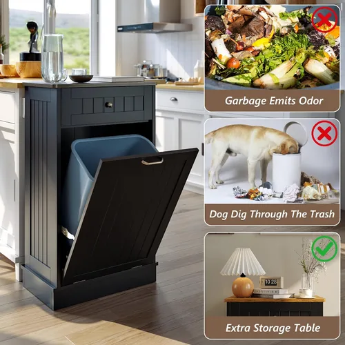 Miniatura 4 de LOUVIXA Gabinete de basura inclinable, armario de basura oculto con cajón, soporte de madera para basura a prueba de perros, cesta de lavandería