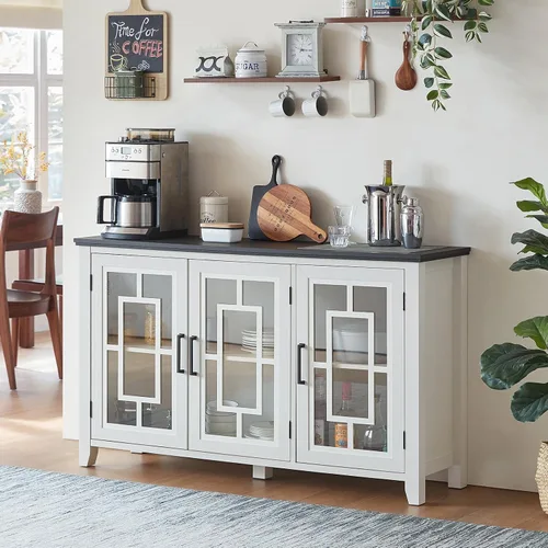 Miniatura 29 de Aparador Grande Buffet con Almacenamiento, 32" Mueble de Cocina Estilo Granja Azul Marino para Café y Vino con 2 Puertas de Vidrio, Mesa Aparador