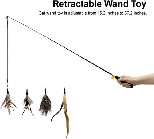 Miniatura 4 de TTcat Juguetes de varita de plumas para gatos, juguete retráctil con 4 recambios de plumas, juguete interactivo para gatos de interior para jugar a