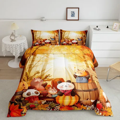 Miniatura 46 de Erosebridal Juego de edredón individual de pavo de Acción de Gracias, juego de ropa de cama de calabaza con hojas de otoño para niños y adultos