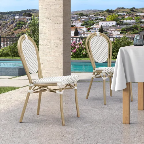 Miniatura 46 de PURPLE LEAF Juego de 1 silla de comedor al aire libre, marco de aluminio francés en acabado de bambú con ratán tejido ámbar y blanco para cocina