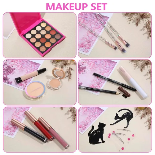 Miniatura 7 de Kit de maquillaje para adolescentes, regalo de maquillaje para mujeres, incluye paleta de sombras de ojos, brillo de labios, rímel, delineador