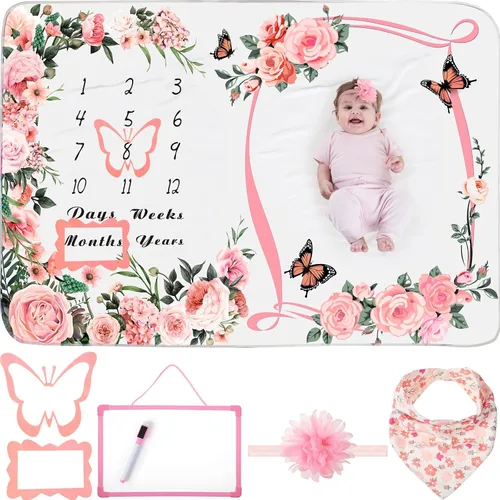 Chumia 6 Piezas Manta de Hitos Mensuales para Bebé Niña 60" x 40" Manta de Hitos de Mariposa Edad Foto Fondo de Fotografía con Calendario para Rosa