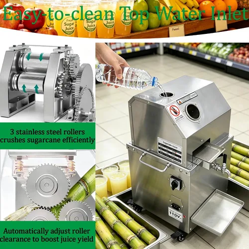 Miniatura 2 de TECHTONGDA Exprimidor eléctrico comercial de caña de azúcar, prensa de caña de azúcar, 3 rodillos Extractor de jugo de caña de azúcar de acero