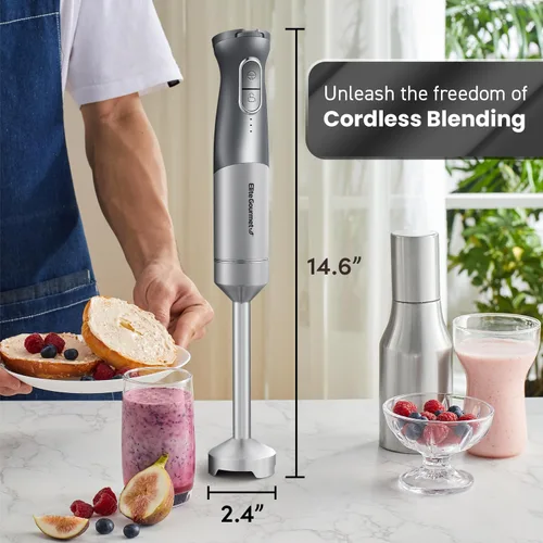 Miniatura 6 de Elite Gourmet EHB1324 Batidora de mano inalámbrica, recargable, mezcla variable de 5 velocidades, botón de encendido de un solo toque y bloqueo