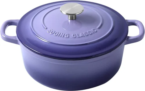 EDGING CASTING Horno Duch de hierro fundido esmaltado, horno holandés redondo de 5.5 cuartos de galón con tapa, mango doble para hornear pan, morado