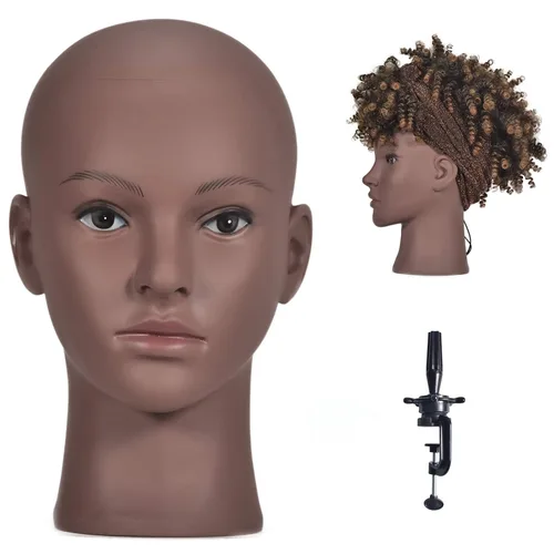 Miniatura 8 de Ba Sha Cabeza de maniquí de cosmetología afro, cabeza de maniquí calva para hacer pelucas, sombrero, exhibición de gafas con abrazadera gratuita