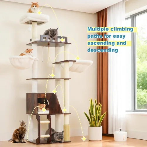 Miniatura 9 de Hey-brother Árbol de madera para gatos, torre de muebles para gatos de 69.7 pulgadas con plataformas grandes, hamacas, condominio espacioso, postes