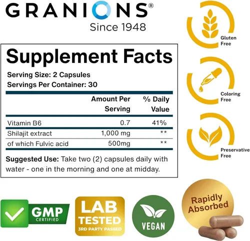 Miniatura 4 de Granions Pure Shilajit - Cápsulas para hombres – Suplemento de ácido fúlvico, 1,000 mg de shilajit del Himalaya con vitamina B6 – Ultra energía