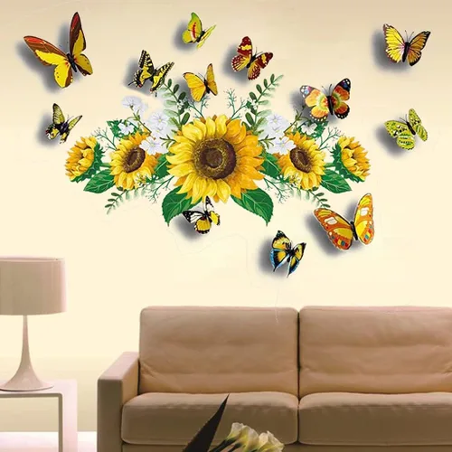 Miniatura 4 de Calcomanías de pared de girasol con mariposa 3D, calcomanías de pared de flores amarillas, SPRT impermeable y extraíble, calcomanías de pared