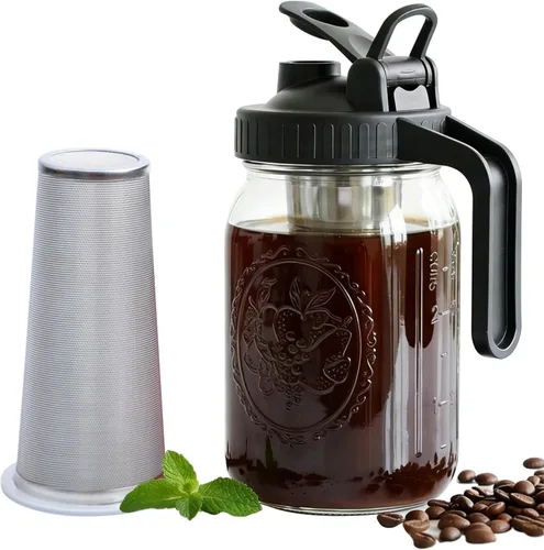 Cafetera de cerveza fría de 32 onzas de boca ancha con filtro de acero inoxidable, jarra de infusión fría hermética y a prueba de fugas de 1 cuarto