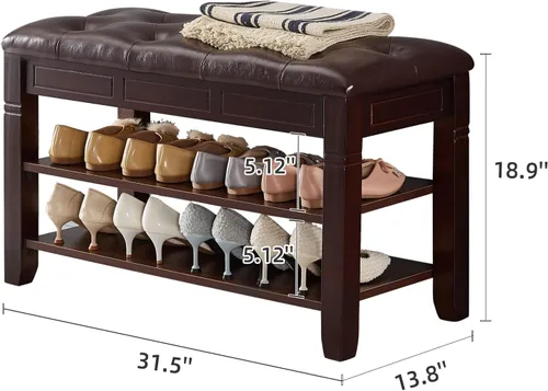 Miniatura 2 de Banco de almacenamiento de zapatos con cojín, banco de entrada con banco de almacenamiento de madera maciza para zapatos, ideal para entrada, sala