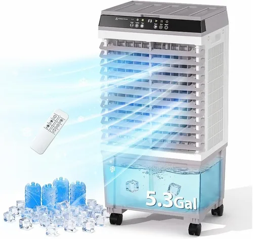 Miniatura 10 de Enfriador de aire evaporativo portátil, ventilador de torre de enfriamiento de pantano 2 en 1 con control remoto, 4 paquetes de hielo, oscilación