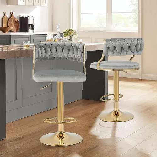 Miniatura 4 de COSTWAY Juego de 2 taburetes de bar ajustables de terciopelo, carga máxima, 400 libras, modernos taburetes giratorios tapizados con respaldo tejido